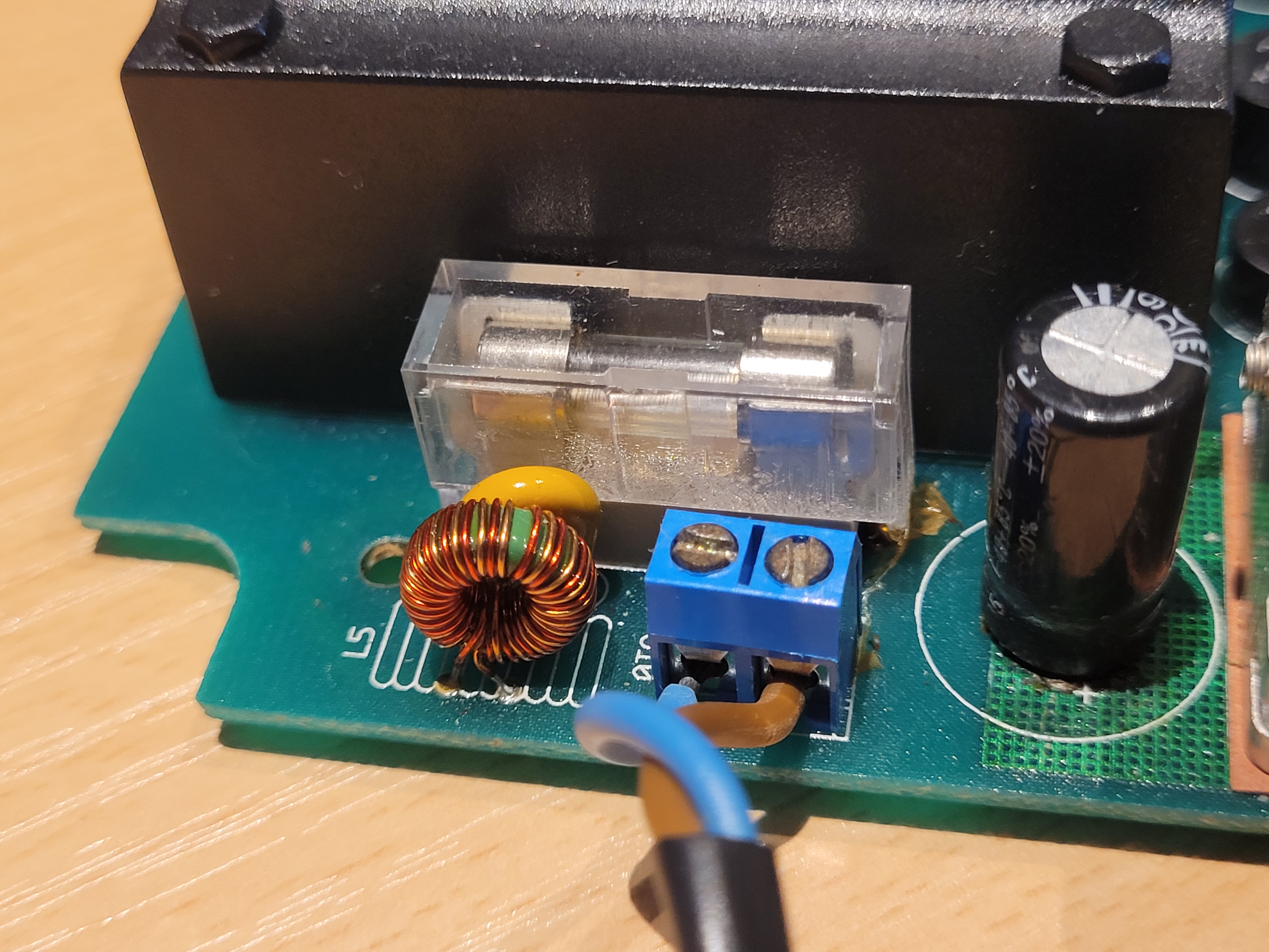 20mm fuse holder on the Ultimate 106 PCB with 250mA fuse fitted